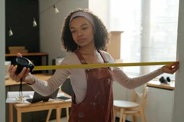 A young woman measuring a door frame